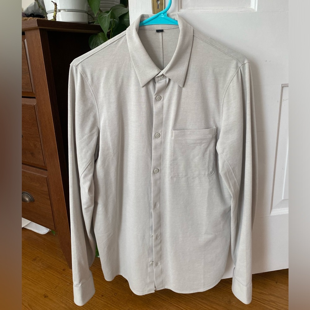 Men’s Lululemon Commission Long-Sleeve Shirt. Color is “Raw Linen.”